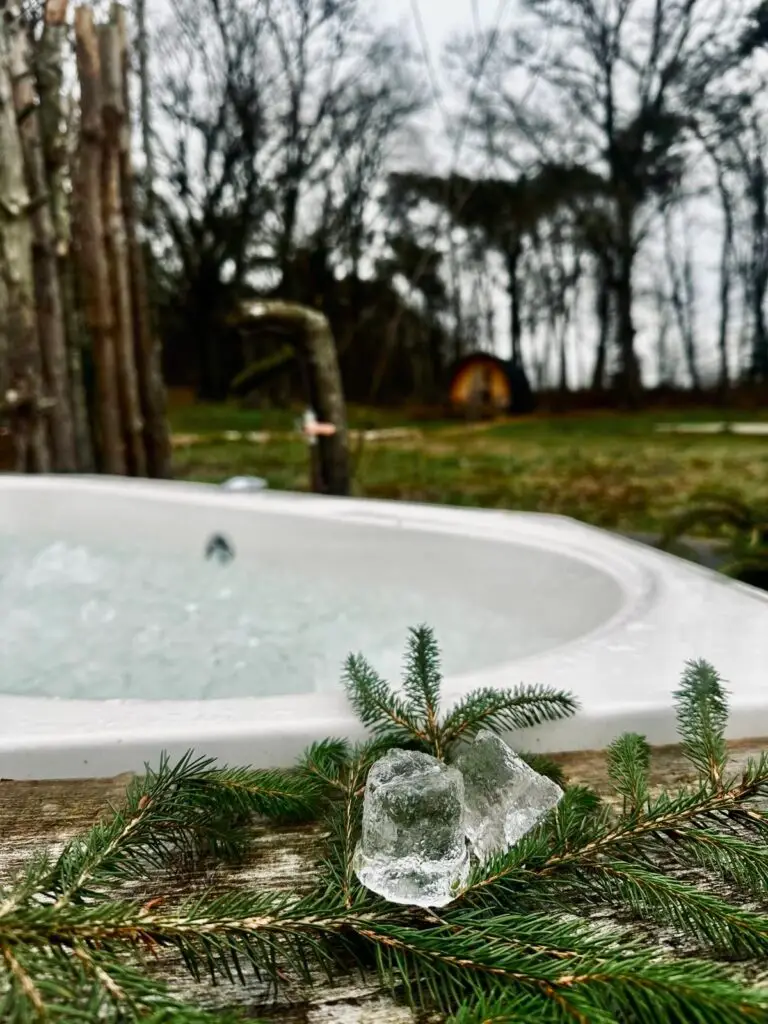 Close up van een ijsbad en ijsklontjes